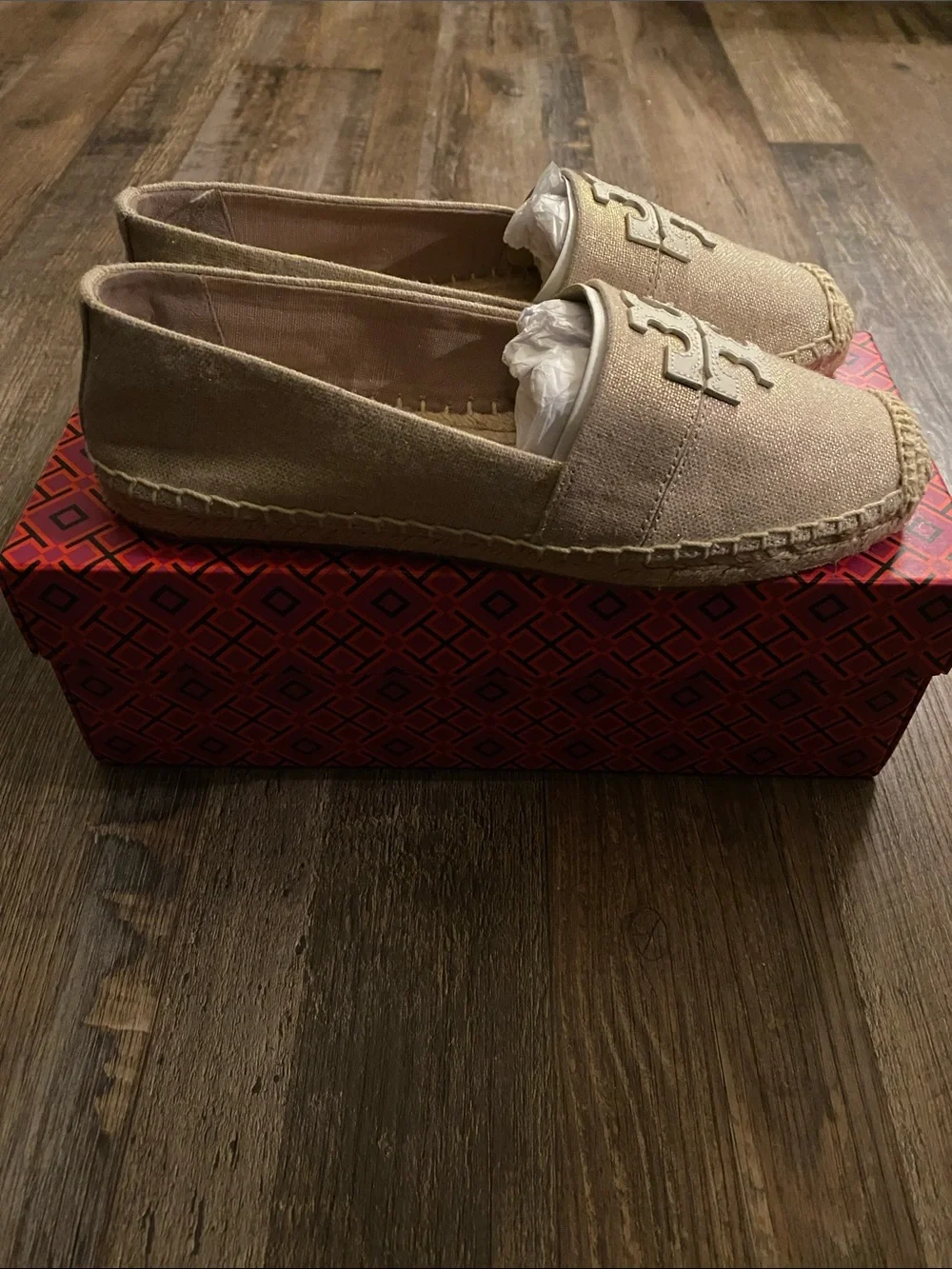 Tory Burch Beige Canvas Logo Espadrille Flats